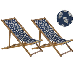 Set of 2 Folding Deck Chairs ANZIO with Replacement Fabrics Floral Motif Acacia Wood Light Brown
