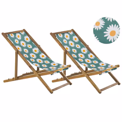 Set of 2 Folding Deck Chairs ANZIO with Replacement Fabrics Floral Motif Acacia Wood Light Brown