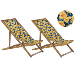 Set of 2 Folding Deck Chairs ANZIO with Replacement Fabrics Floral Motif Acacia Wood Light Brown