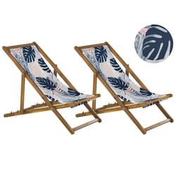 Set of 2 Folding Deck Chairs ANZIO with Replacement Fabrics Floral Motif Acacia Wood Light Brown