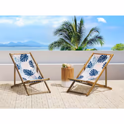 Set of 2 Folding Deck Chairs ANZIO with Replacement Fabrics Floral Motif Acacia Wood Light Brown