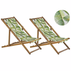 Set of 2 Folding Deck Chairs ANZIO with Replacement Fabrics Floral Motif Acacia Wood Light Brown