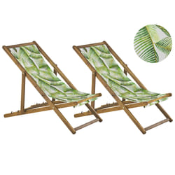 Set of 2 Folding Deck Chairs ANZIO with Replacement Fabrics Floral Motif Acacia Wood Light Brown