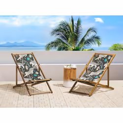 Set of 2 Folding Deck Chairs ANZIO with Replacement Fabrics Animal Motif Acacia Wood Light Brown