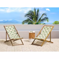 Set of 2 Folding Deck Chairs ANZIO with Replacement Fabrics Floral Motif Acacia Wood Light Brown