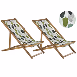 Set of 2 Folding Deck Chairs ANZIO with Replacement Fabrics Floral Motif Acacia Wood Light Brown