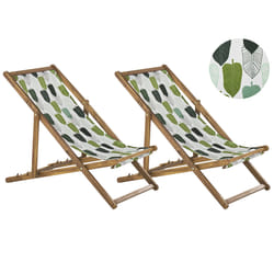 Set of 2 Folding Deck Chairs ANZIO with Replacement Fabrics Floral Motif Acacia Wood Light Brown