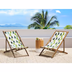 Set of 2 Folding Deck Chairs ANZIO with Replacement Fabrics Floral Motif Acacia Wood Light Brown