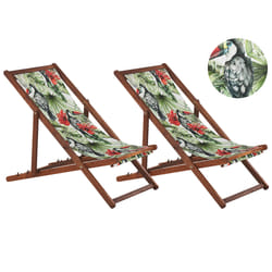Set of 2 Folding Deck Chairs ANZIO with Replacement Fabrics Animal Motif Acacia Wood Dark Brown