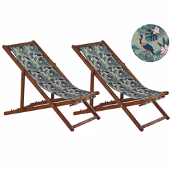 Set of 2 Folding Deck Chairs ANZIO with Replacement Fabrics Animal Motif Acacia Wood Dark Brown