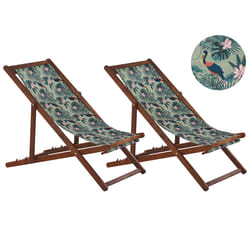 Set of 2 Folding Deck Chairs ANZIO with Replacement Fabrics Animal Motif Acacia Wood Dark Brown