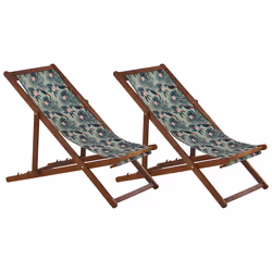 Set of 2 Folding Deck Chairs ANZIO with Replacement Fabrics Animal Motif Acacia Wood Dark Brown