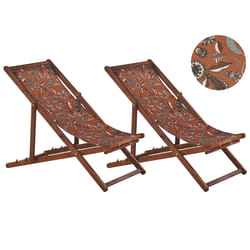 Set of 2 Folding Deck Chairs ANZIO with Replacement Fabrics Floral Motif Acacia Wood Dark Brown