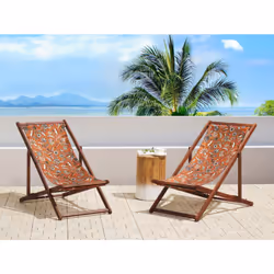 Set of 2 Folding Deck Chairs ANZIO with Replacement Fabrics Floral Motif Acacia Wood Dark Brown