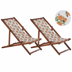 Set of 2 Folding Deck Chairs ANZIO with Replacement Fabrics Floral Motif Acacia Wood Dark Brown