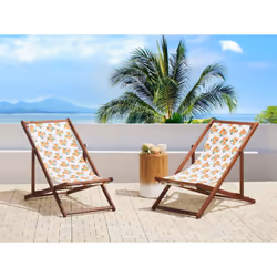 Set of 2 Folding Deck Chairs ANZIO with Replacement Fabrics Floral Motif Acacia Wood Dark Brown