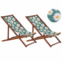 Set of 2 Folding Deck Chairs ANZIO with Replacement Fabrics Floral Motif Acacia Wood Dark Brown
