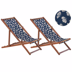Set of 2 Folding Deck Chairs ANZIO with Replacement Fabrics Floral Motif Acacia Wood Dark Brown