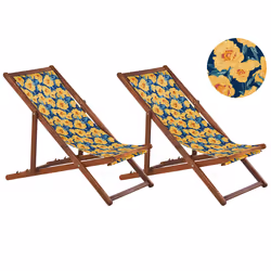 Set of 2 Folding Deck Chairs ANZIO with Replacement Fabrics Floral Motif Acacia Wood Dark Brown
