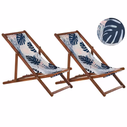 Set of 2 Folding Deck Chairs ANZIO with Replacement Fabrics Floral Motif Acacia Wood Dark Brown
