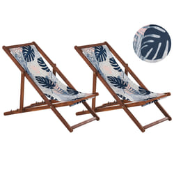 Set of 2 Folding Deck Chairs ANZIO with Replacement Fabrics Floral Motif Acacia Wood Dark Brown
