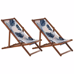 Set of 2 Folding Deck Chairs ANZIO with Replacement Fabrics Floral Motif Acacia Wood Dark Brown