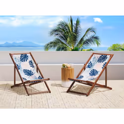 Set of 2 Folding Deck Chairs ANZIO with Replacement Fabrics Floral Motif Acacia Wood Dark Brown