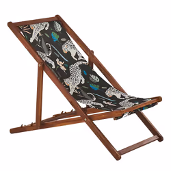 Set of 2 Folding Deck Chairs ANZIO with Replacement Fabrics Animal Motif Acacia Wood Dark Brown