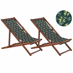 Set of 2 Folding Deck Chairs ANZIO with Replacement Fabrics Floral Motif Acacia Wood Dark Brown