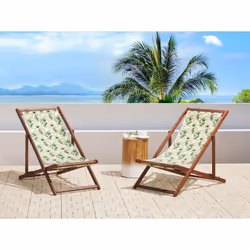 Set of 2 Folding Deck Chairs ANZIO with Replacement Fabrics Floral Motif Acacia Wood Dark Brown