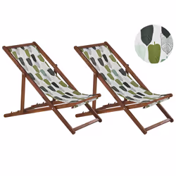 Set of 2 Folding Deck Chairs ANZIO with Replacement Fabrics Floral Motif Acacia Wood Dark Brown