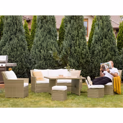Garden Lounge Set with Table and Ottoman 5 Seater FONTI with Cushions PE Rattan Brown