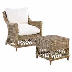 Set of 2 Garden Armchairs with Cushions RIBOLLA with Footstool Rattan Natural