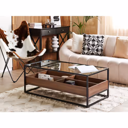 Coffee Table WACO Tempered Glass Black with Storage