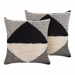 Set of 2 Tufted Cotton Cushions Geometric Pattern 50 x 50 cm Beige and Black KHORA