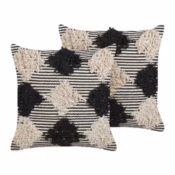 Set of 2 Tufted Cotton Cushions Geometric Pattern 50 x 50 cm Beige and Black BHUSAWAL