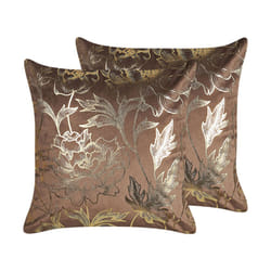 Set of 2 Velvet Cushions Floral Print 45 x 45 cm Brown DAFFODIL