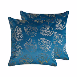 Set of 2 Velvet Cushions Leaf Print 45 x 45 cm Blue MONSTERA