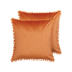 Set of 2 Velvet Cushions Pom Poms 45 x 45 cm Orange AERANGIS