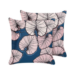 Set of 2 Velvet Cushions Leaf Pattern 45 x 45 cm Blue and Pink CHRYSANTHEMUM