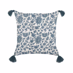Cotton Cushion Floral Pattern with Tassels 45 x 45 cm White and Blue RUMEX