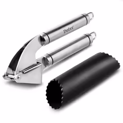 Deiss PRO Garlic Press and Silicone Garlic Peeler Set - Stainless Steel Garlic Mincer and FDA Silicone Garlic Peeler