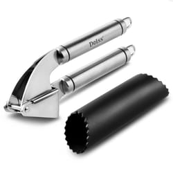 Deiss PRO Garlic Press and Silicone Garlic Peeler Set - Stainless Steel Garlic Mincer and FDA Silicone Garlic Peeler