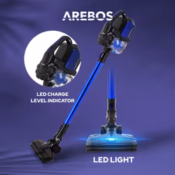 AREBOS cordless vacuum cleaner | 2-in-1 hand and floor | 2 powerful suction modes | Bagless |up to 55 minutes |wall charging station| Blue