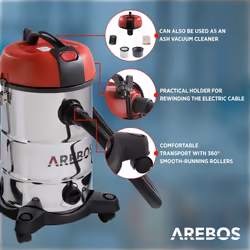 AREBOS Industrial Vacuum Cleaner 1800 W | Wet & Dry  | Ash Vacuum Cleaner for Fireplace & Grill |  30 L Container | Red