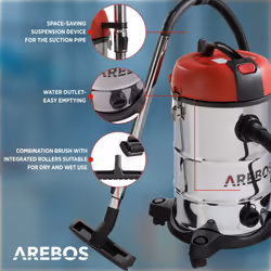 AREBOS Industrial Vacuum Cleaner 1800 W | Wet & Dry  | Ash Vacuum Cleaner for Fireplace & Grill |  30 L Container | Red