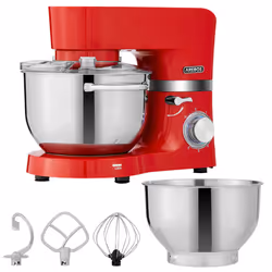 AREBOS Stand Mixer Food Processor 1500W Red Kneading Machine with 2x Stainless Steel Mixing Bowls Low Noise Kitchen Mixer with Mixing Hook - 6 Speeds