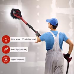 AREBOS Long-Neck Sander | Drywall-Wall-Ceiling Sander | 750 watt, Ã 225 mm | Swivel Head | with LED | Including 6 Sanding Discs and case