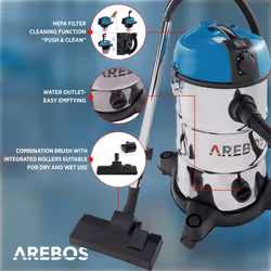 AREBOS Industrial Vacuum Cleaner 5-in-1 Wet and Dry Vacuum Cleaner 1300 W Ash /Fireplace / Grill  with and without Bag Bagless 30 L Blue
