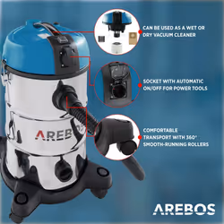 AREBOS Industrial Vacuum Cleaner 5-in-1 Wet and Dry Vacuum Cleaner 1300 W Ash /Fireplace / Grill  with and without Bag Bagless 30 L Blue